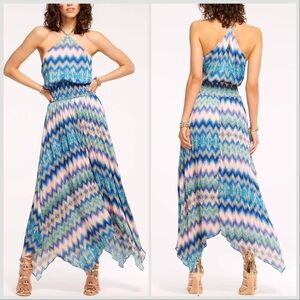 NWT Ramy Brook Giana Halter Maxi Dress Blue Pink Retro Chevron Sz XXL